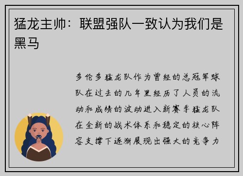 猛龙主帅：联盟强队一致认为我们是黑马